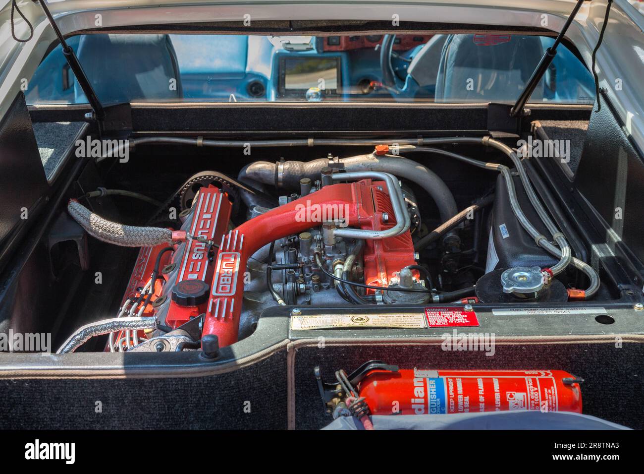 The engine compartment of a Lotus Esprit Turbo. Stock Photo
