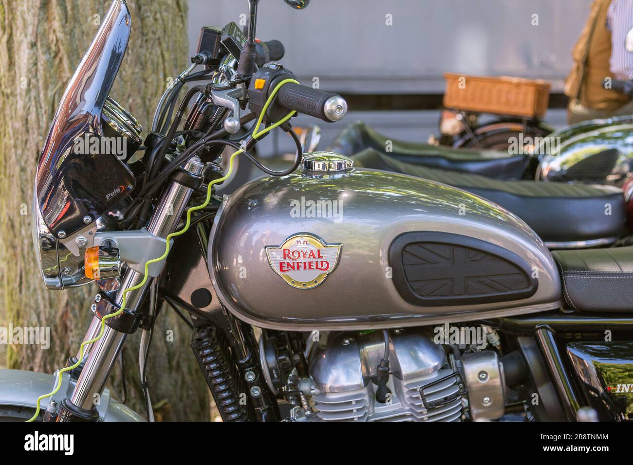 Detail of a vintage Royal Enfield Interceptor motorcycle at a classic and vintage motor show. Vintage British motorcycle. Stock Photo