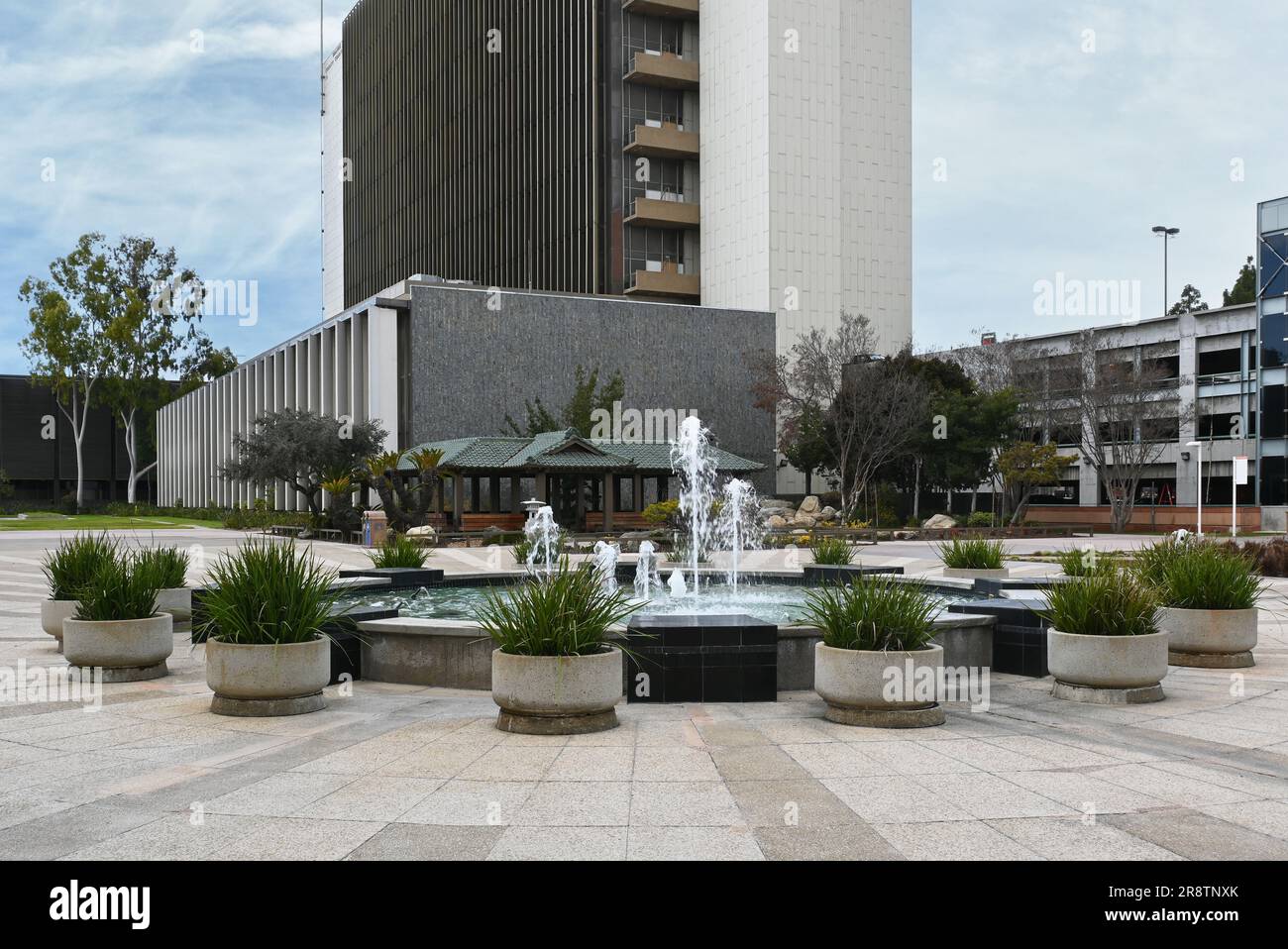 SANTA ANA, CALIFORNIA - 5 MAR 2023: Superior Court Building with Fountain and Japanese Garden and Teahouse, Orange County Civic Center. Stock Photo