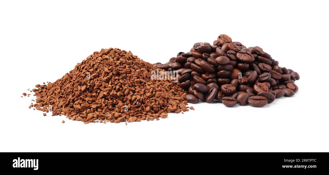 Heap of instant coffee and beans on white background Stock Photo - Alamy