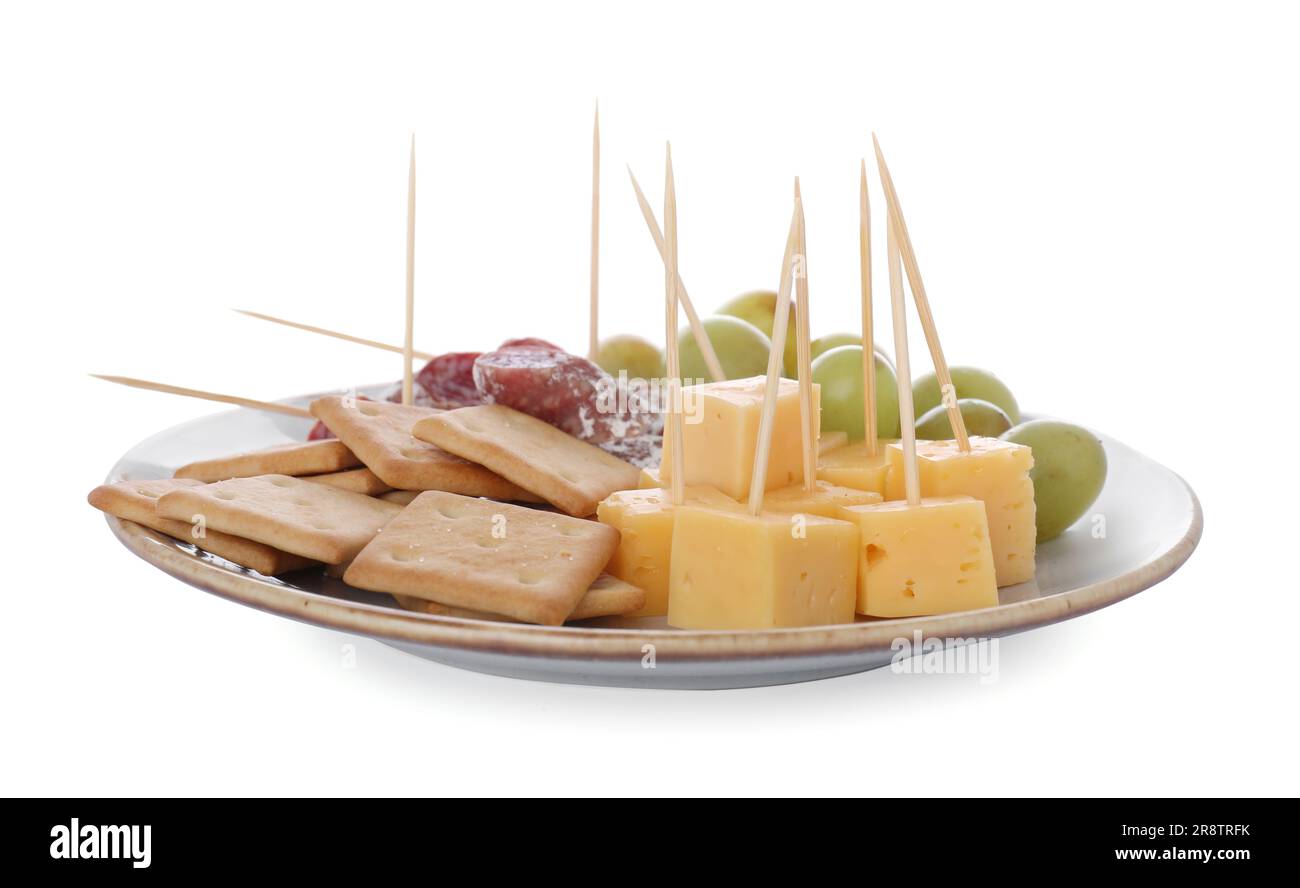 Toothpick appetizers. Tasty cheese, sausage, crackers and grapes on