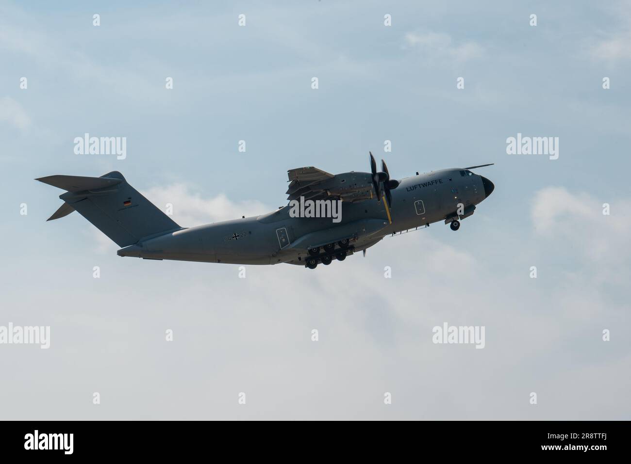 A German A400 Atlas flies over Wunstorf Air Base during exercise Air Defender 2023 (AD23) in Wunstorf, Germany, June 21, 2023. Exercise AD23 integrates both U.S. and allied air-power to defend shared values, while leveraging and strengthening vital partnerships to deter aggression around the world. (U.S. Air National Guard photo by Master Sgt. Phil Speck) Stock Photo