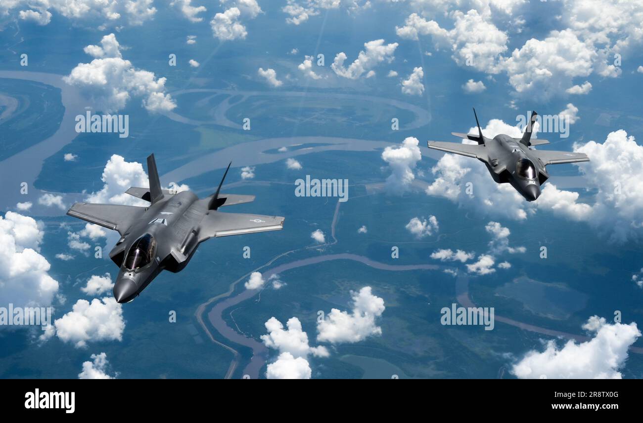 The F-35 Lightning II Demonstration Team assigned to 388th Fighter Wing at Hill Air Force Base, Utah, heads back to home station after receiving aerial refueling from a KC-135 Stratotanker assigned to the 465th Air Refueling Squadron at Tinker Air Force Base, Oklahoma, May 31, 2023.  Aerial refueling allows aircraft across the DoD inventory to travel greater distances without having to land to refuel. (U.S. Air Force photo by 2nd Lt. Mary Begy) Stock Photo