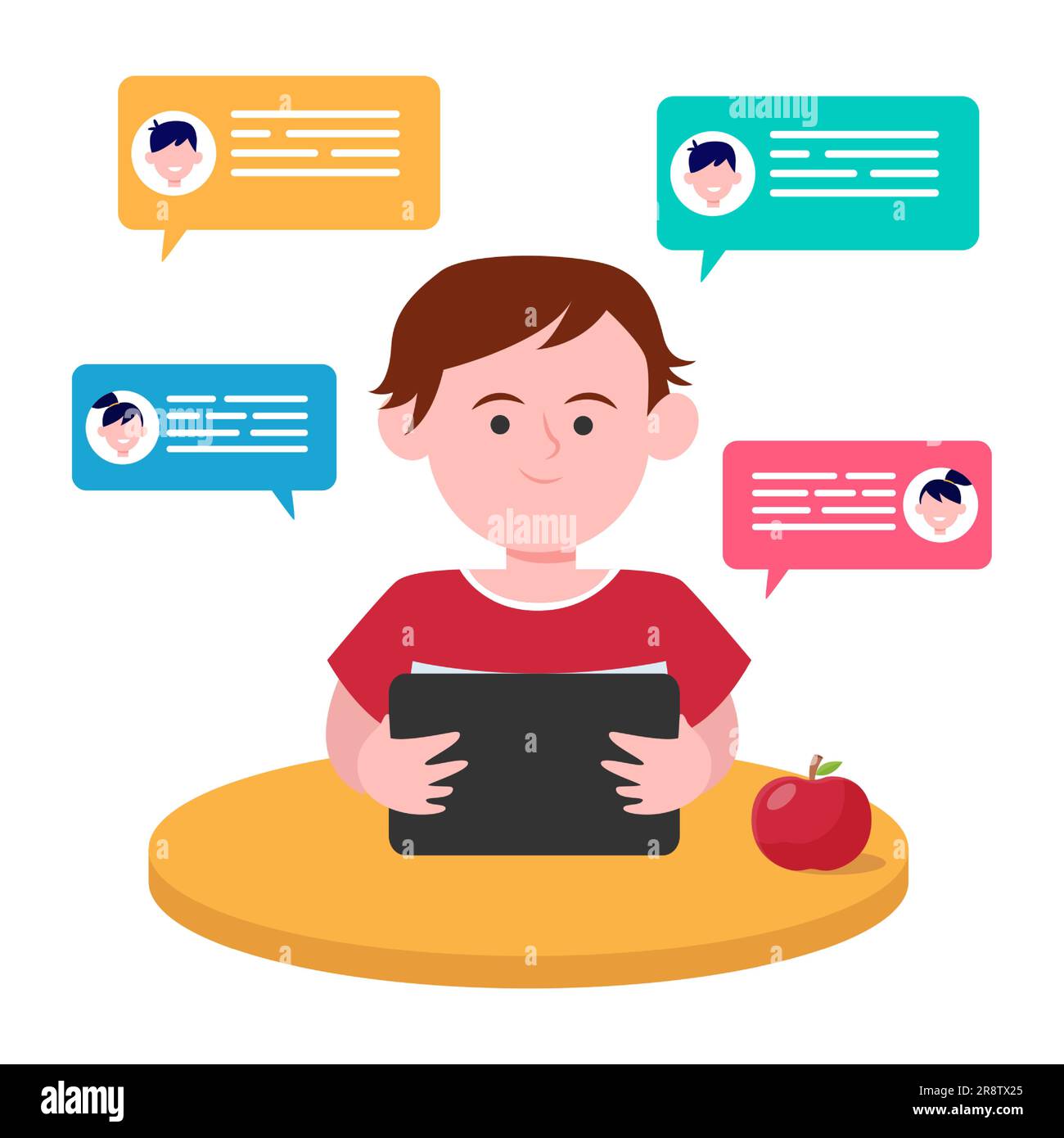 Young man online chatting. Cartoon young man sitting at a table and chatting  online with friends using laptop Stock Vector Image & Art - Alamy