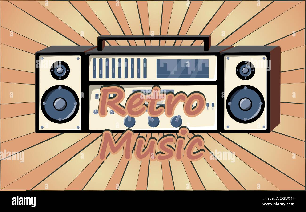 Old retro vintage poster with music cassette tape recorder with ...