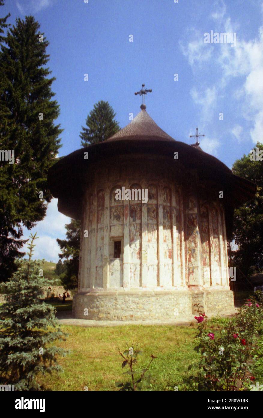 Gura Humorului, Suceava County, Romania, 1998. Exterior view of Humor Monastery, a historical monument from 1530. Stock Photo