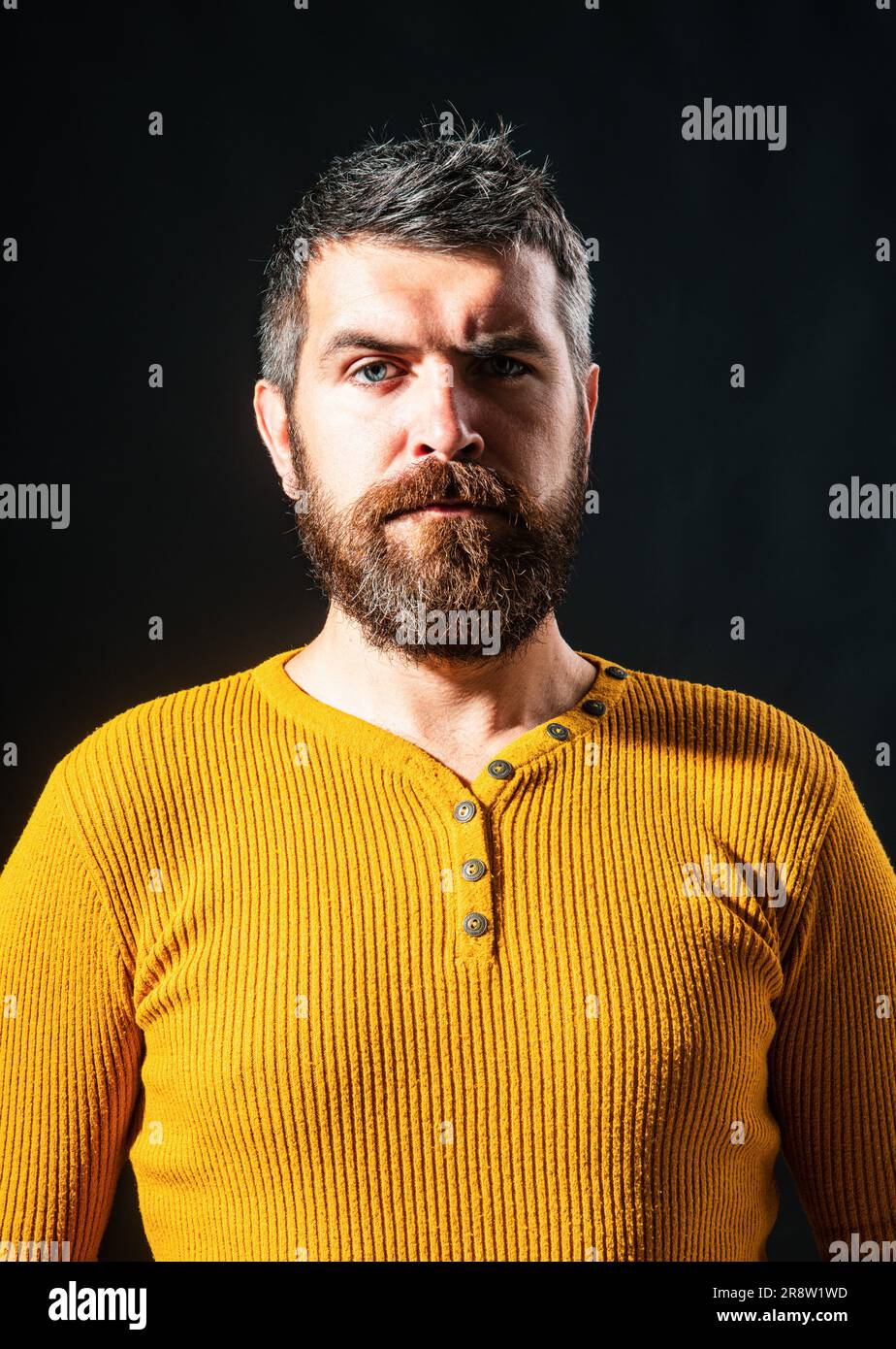 Serious man face. Bearded guy. Human expression emotion concept Stock