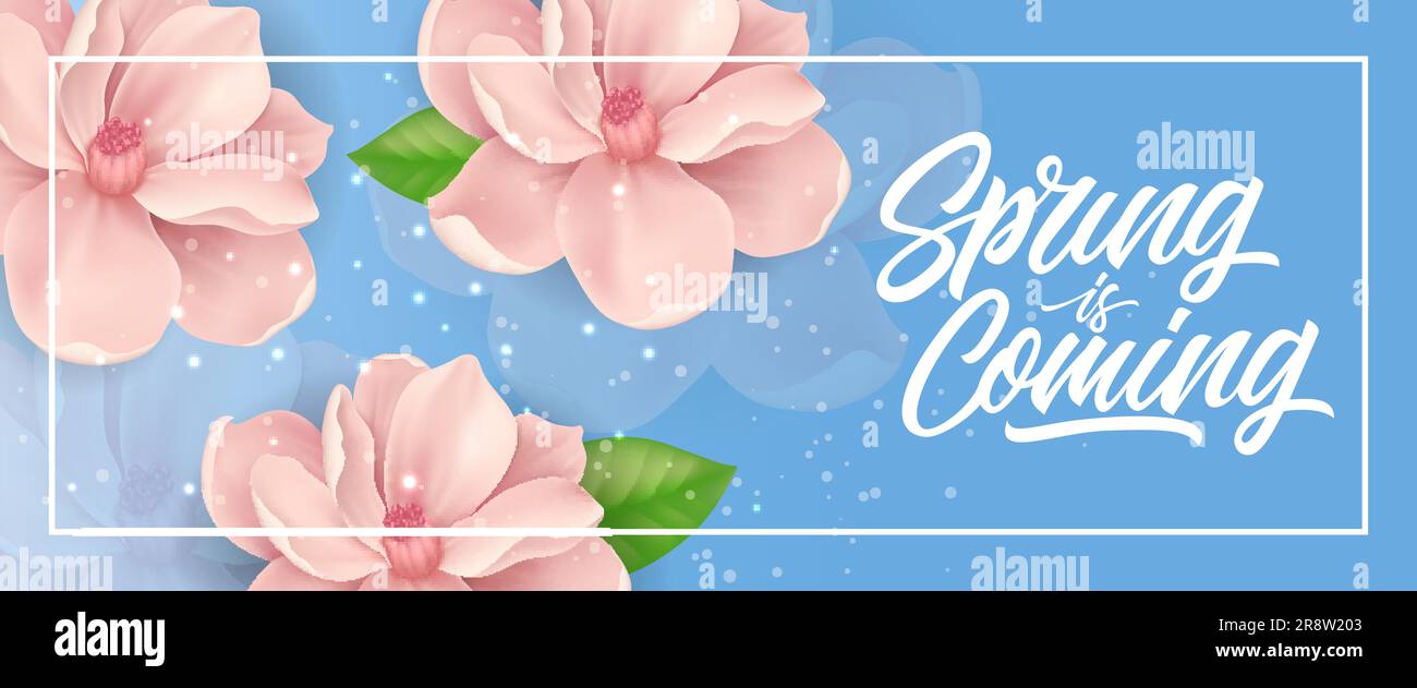 Spring Coming Lettering with Pink Blossoms Stock Vector