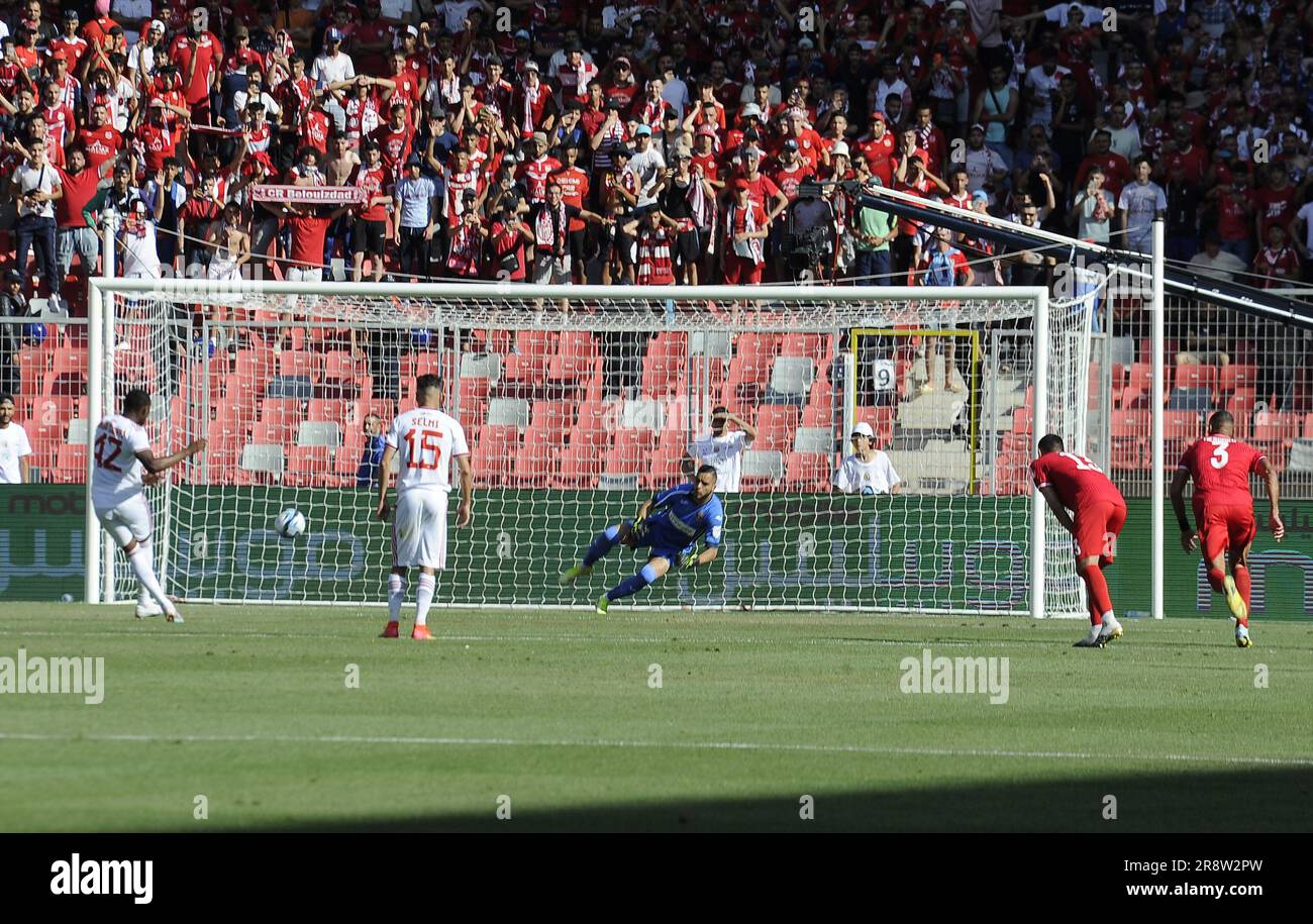 Oran. 23rd June, 2023. CR Belouizdad's Leonel Wamba (1st L) takes a