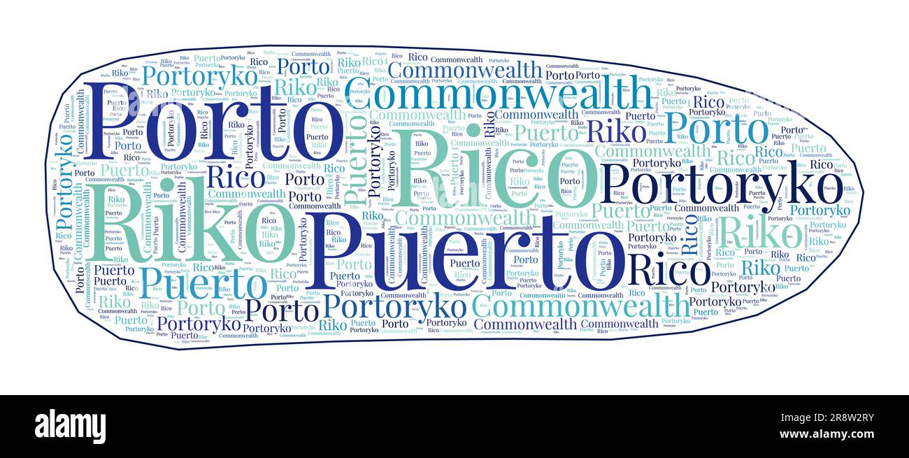 Puerto Rico shape filled with country name in many languages. Puerto Rico map in word cloud style. Attractive vector illustration. Stock Vector