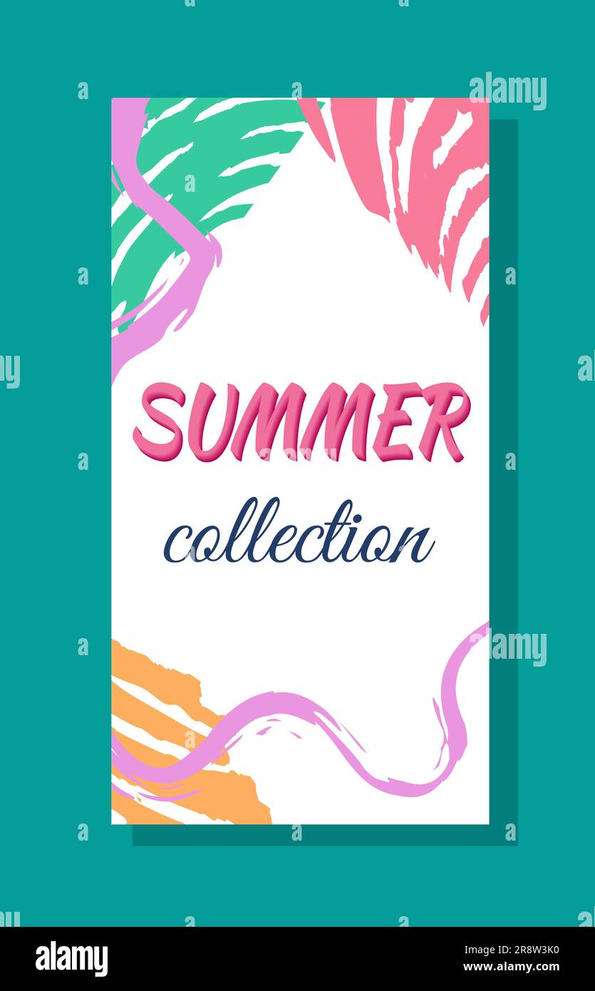 Seasonal summer collection poster, label. New arrivals. Vertical banner or flyer in bold color scheme with marker and paint strokes. Tropical poster Stock Vector