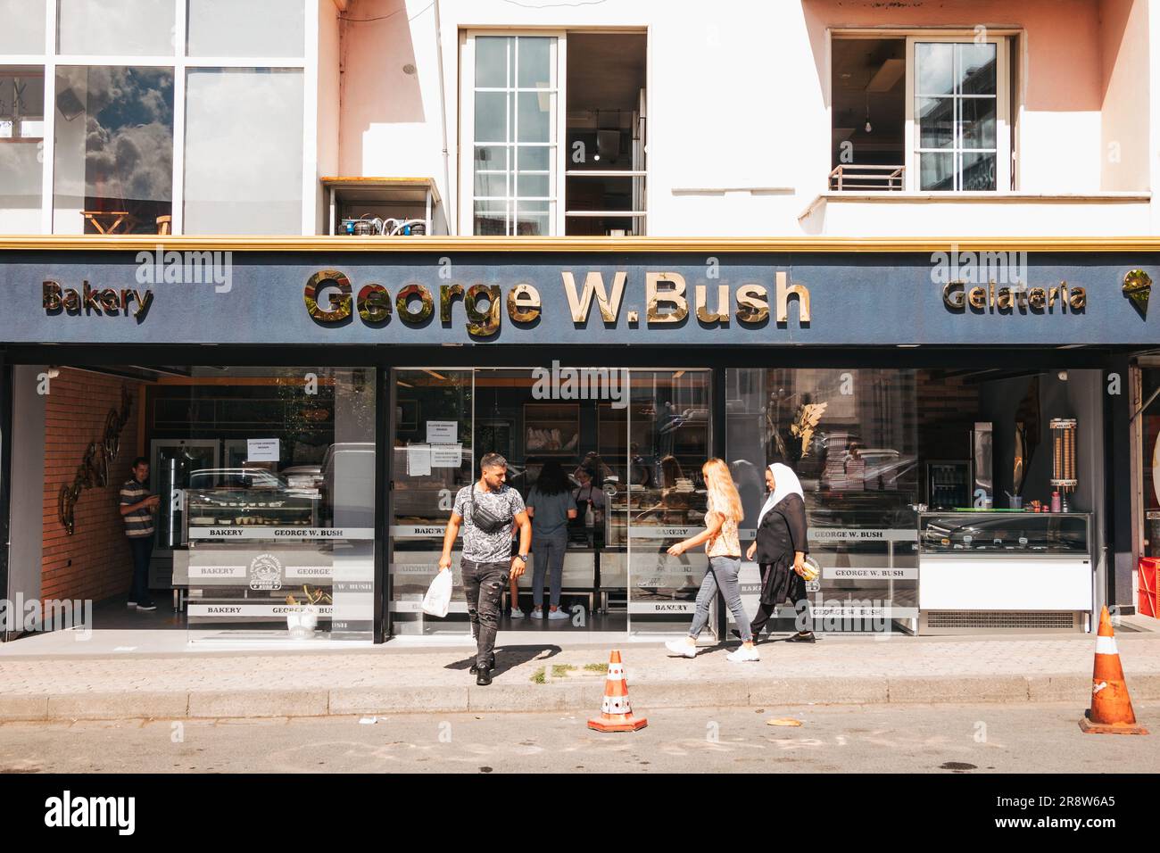 The George W. Bush bakery in Fushë Krujë, Albania. He was the first U.S. president to visit Albania post-communism, and stopped by this small town Stock Photo