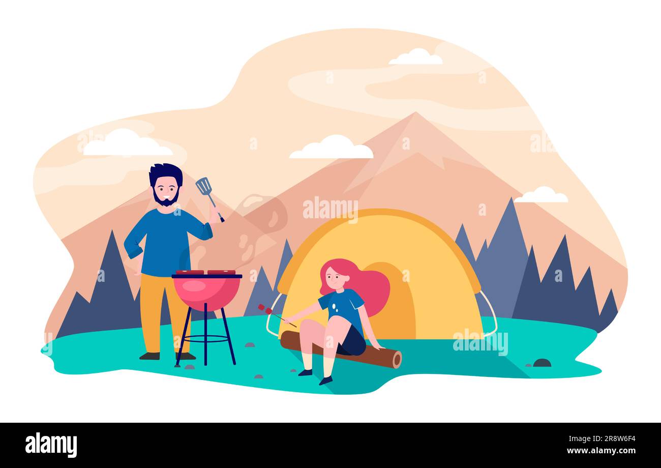 Young couple camping at mountains Stock Vector