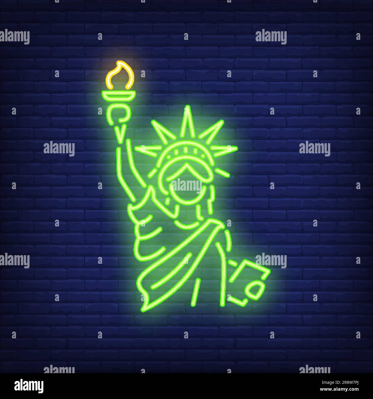 Statue of Liberty on brick background. Neon style illustration Stock Vector