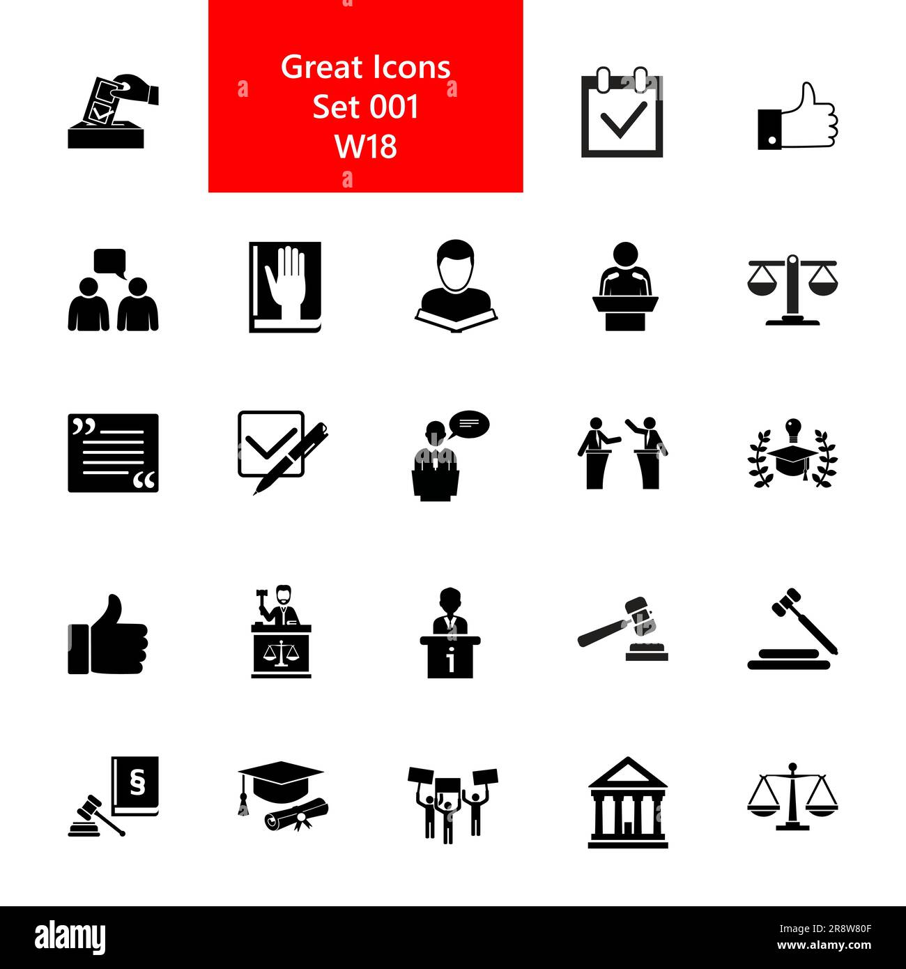 Jurisprudence icon set. Juridical system and court collection Stock Vector