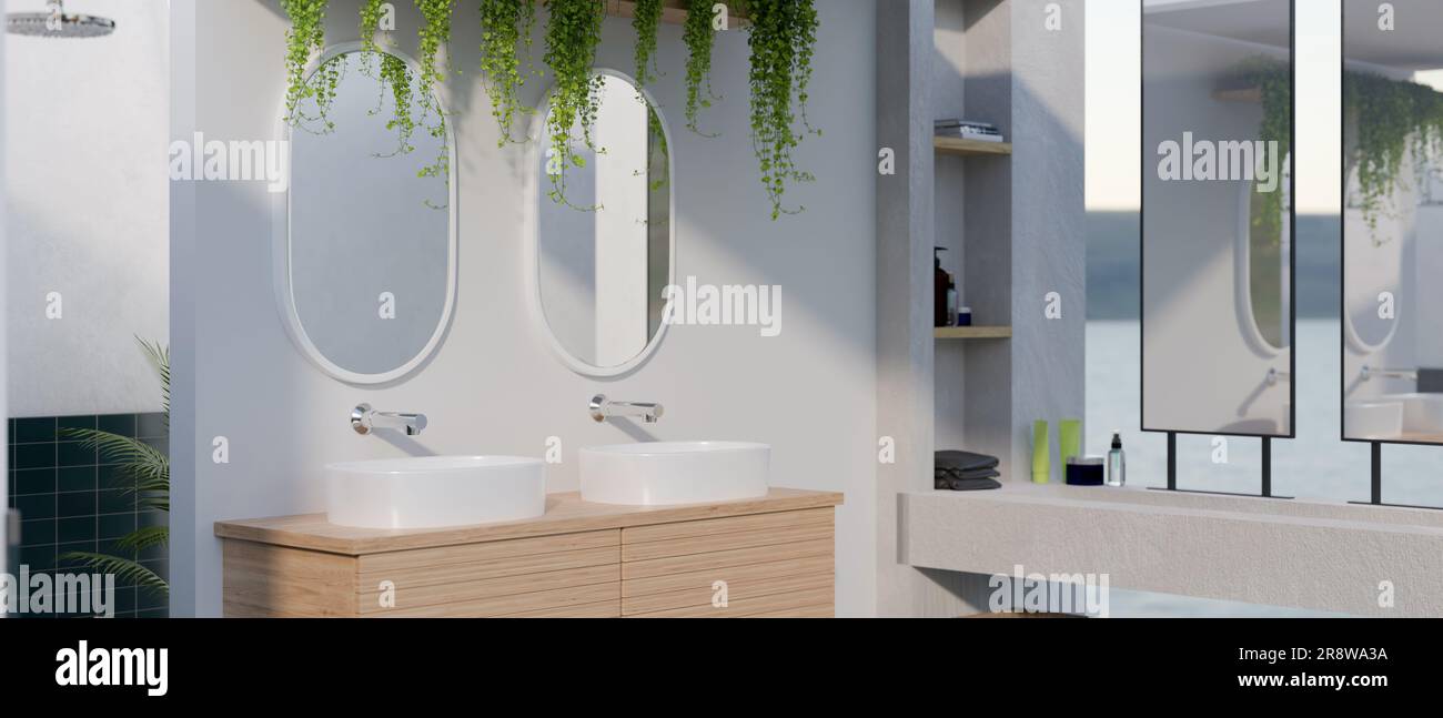 https://c8.alamy.com/comp/2R8WA3A/interior-design-of-a-modern-elegant-bathroom-with-double-mirrors-and-vessel-sink-on-a-wooden-cabinet-bath-accessories-and-indoor-plants-3d-render-2R8WA3A.jpg