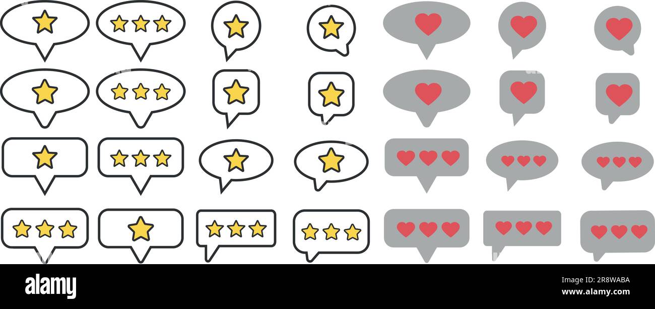 Set of colored customer review symbols. Feedback and communication, rating stars and like button hearts in different speech bubbles. Positive and nega Stock Vector