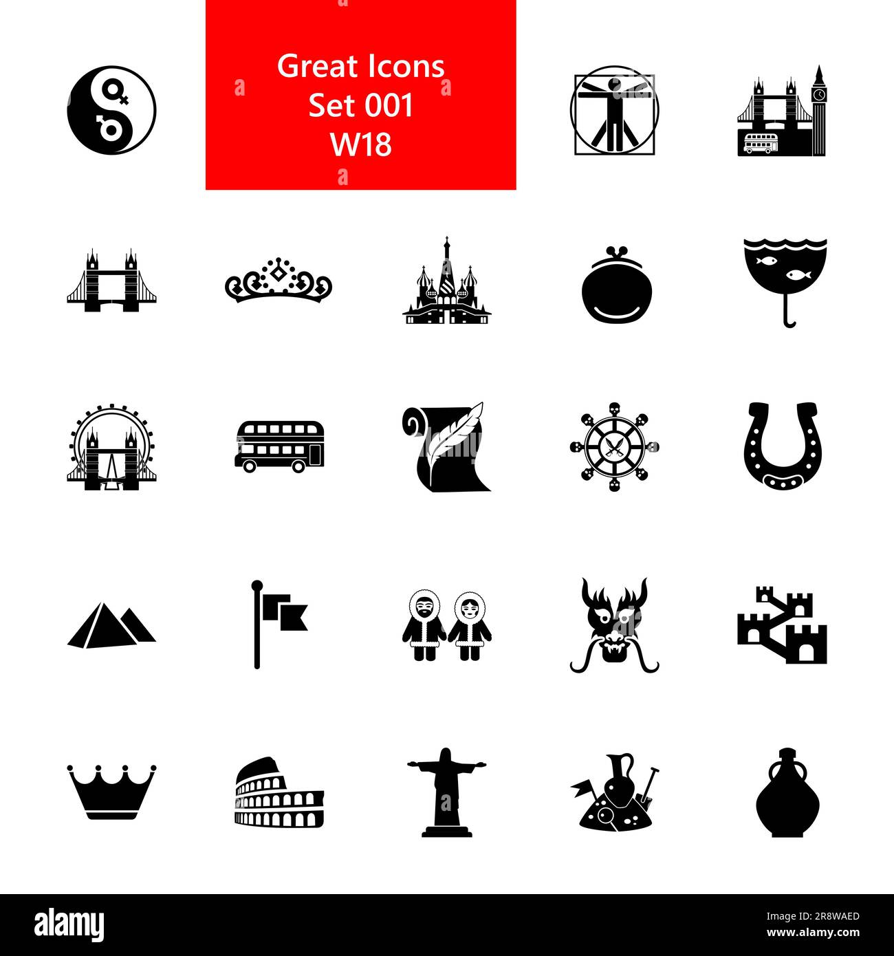 European and Asian culture symbols. Famous places icon set Stock Vector