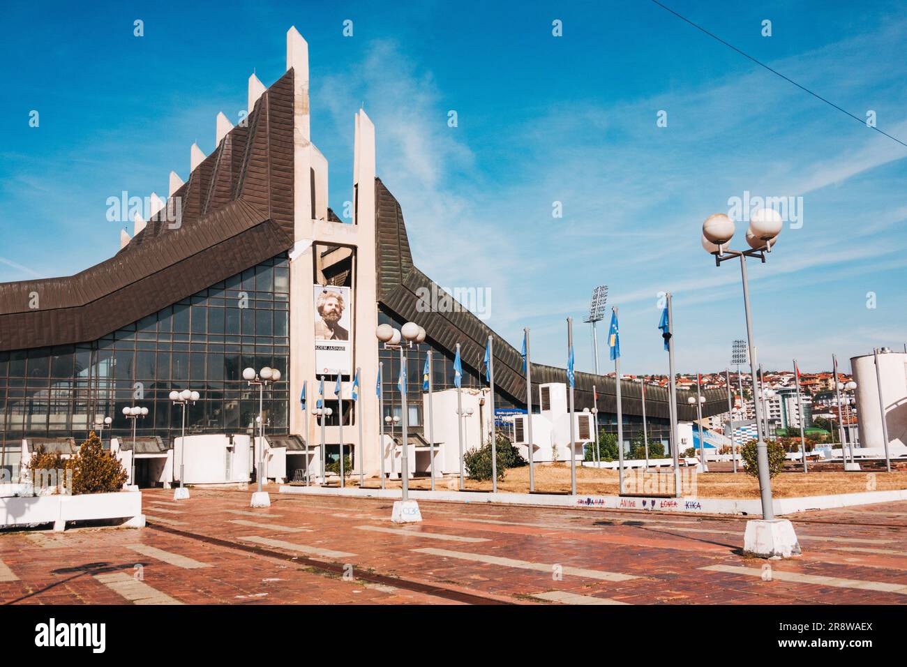 the Palace of Youth and Sports 'Boro and Ramiz', built 1977 in Pristina, Kosovo. Inspired by the Metabolist style of architecture Stock Photo