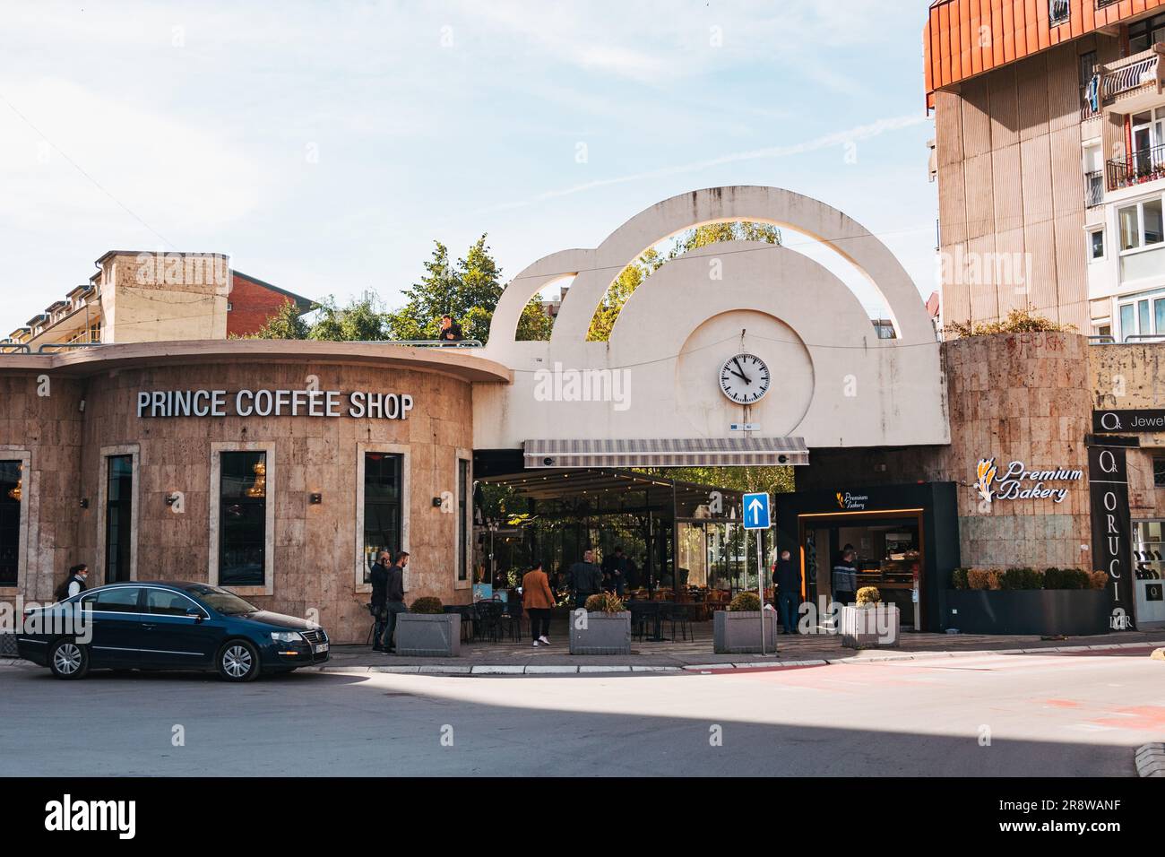 a Prince Coffee Shop at the entrance to a shopping arcade mall in Pristina, Kosovo Stock Photo