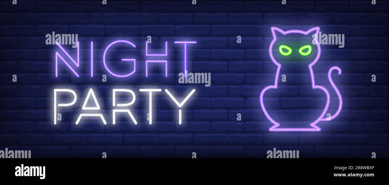 Night party neon style banner. Cat on brick background Stock Vector