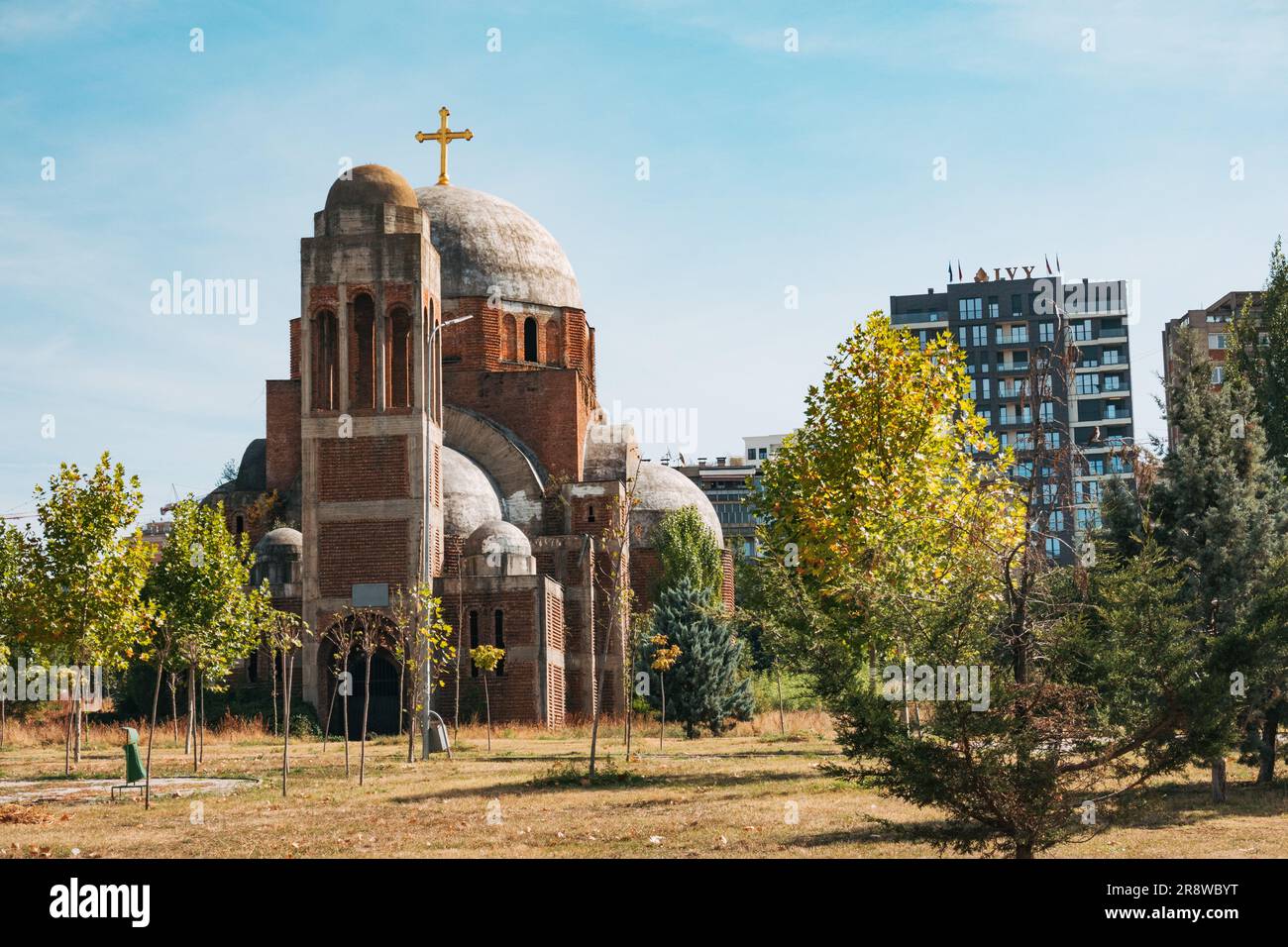 Church of Christ the Saviour, an unfinished Serbian Orthodox cathedral in Pristina, Kosovo. Started in 1992 but never finished due to war breaking out Stock Photo