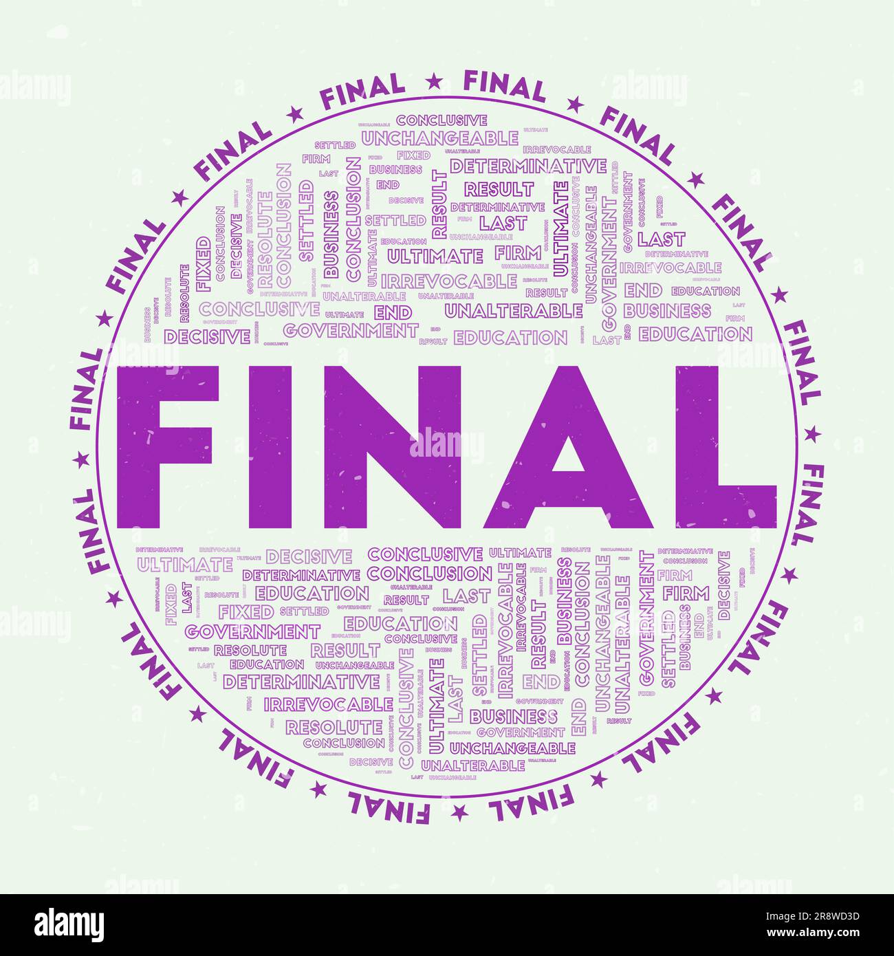 Final - round badge. Text final with keywords word clouds and circular text. Purple Ink color theme and grunge texture. Captivating vector illustratio Stock Vector