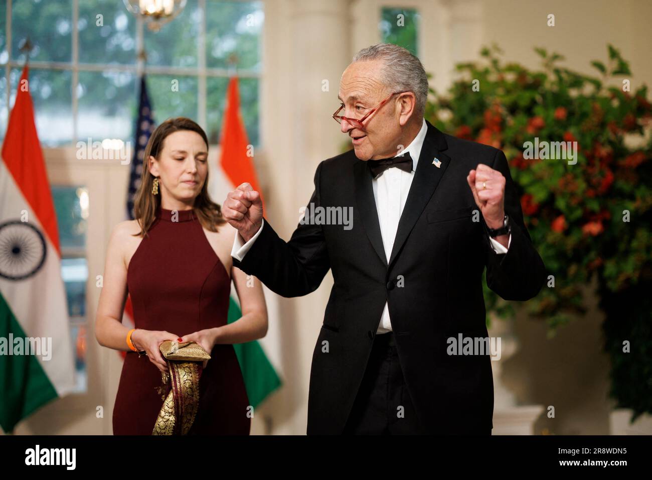 Washington, DC, US, June 22, 2023. Senate Majority Leader Chuck Schumer, a Democrat from New York, right, and Elizabeth Weiland, arrive to attend a state dinner in honor of Indian Prime Minister Narendra Modi hosted by US President Joe Biden and First Lady Jill Biden at the White House in Washington, DC, US, on Thursday, June 22, 2023. Biden and Modi announced a series of defense and commercial deals designed to improve military and economic ties between their nations during a state visit at the White House today. Photo by Ting Shen/Pool/ABACAPRESS.COM Stock Photo