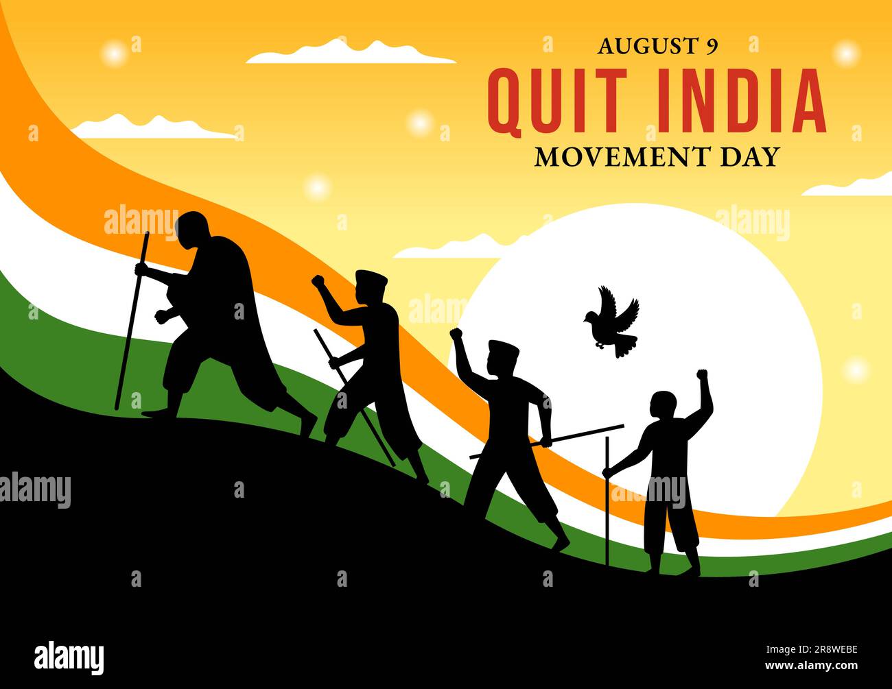 Quit India Movement Day Vector Illustration on 9 August with Indian Flag and People Silhouette in Flat Cartoon Hand Drawn Background Templates Stock Vector