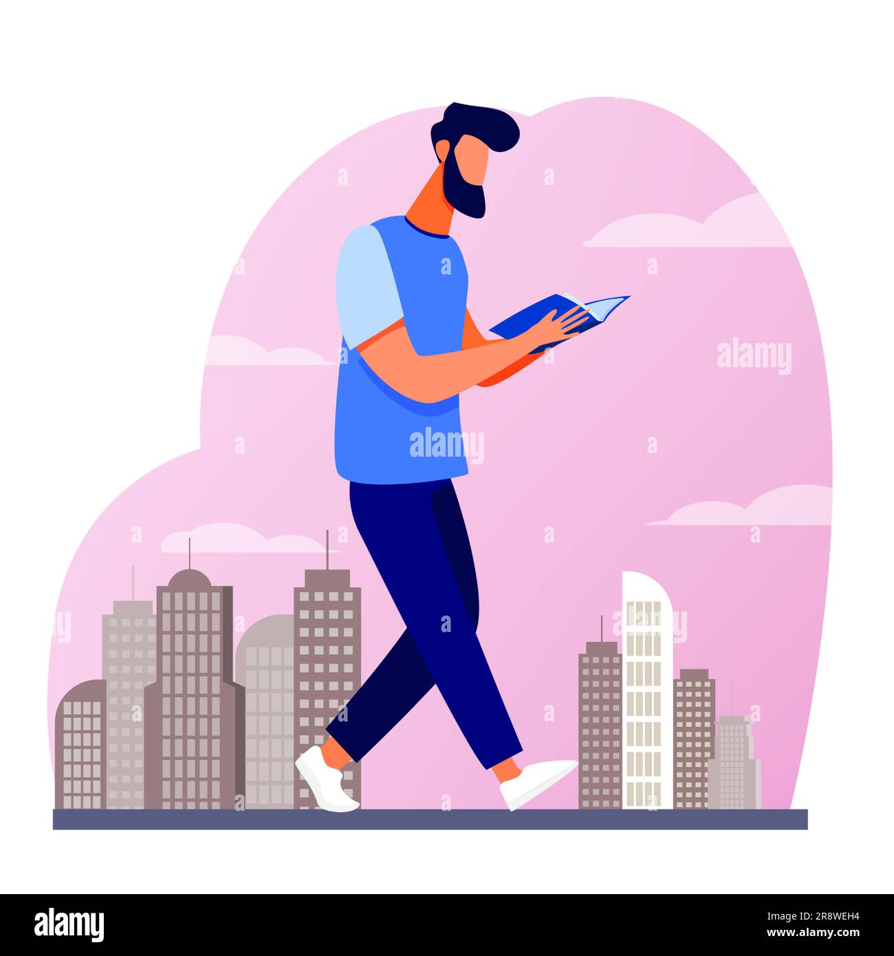 Man reading book while walking in city Stock Vector
