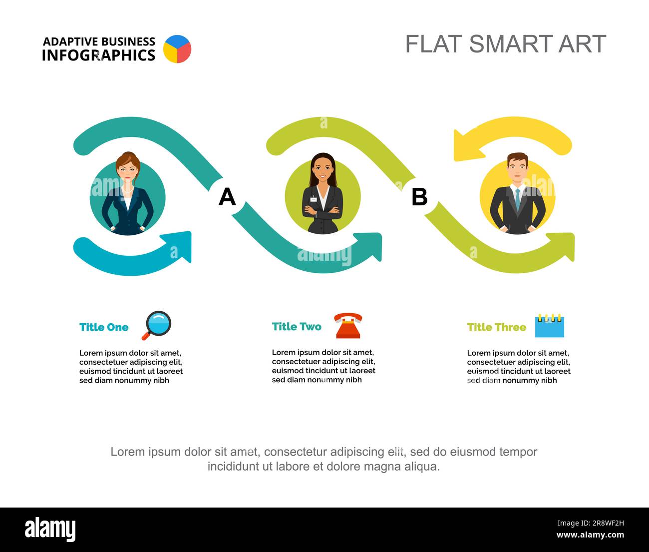 Three workers options process chart template for presentation Stock Vector