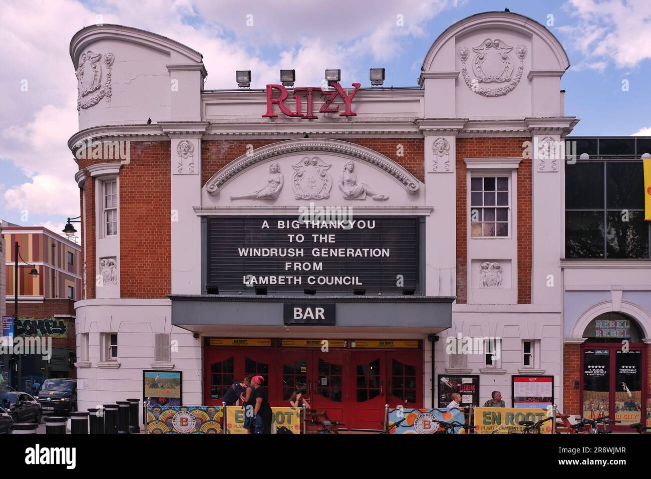 London, UK. The Ritzy Cinema displays a message from Lambeth Council ahead of the 75th anniversary of the HMT Windrush arrivals at Tilbury Docks. Stock Photo