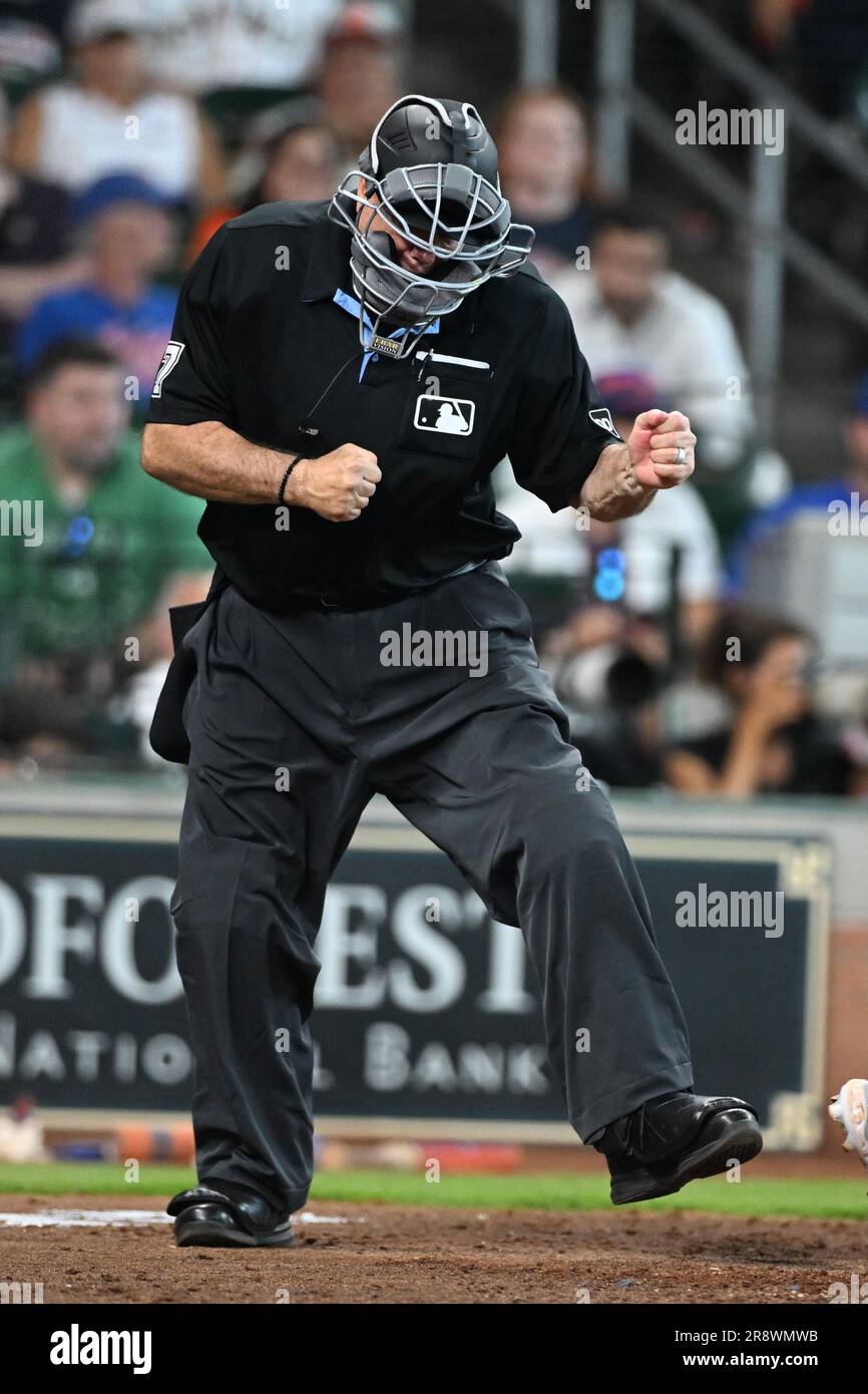 Houston, United States. 21st June, 2023. MLB home plate umpire Dan Bellino  (2) calls a third strike during the MLB game between the New York Mets and  the Houston Astros on Wednesday