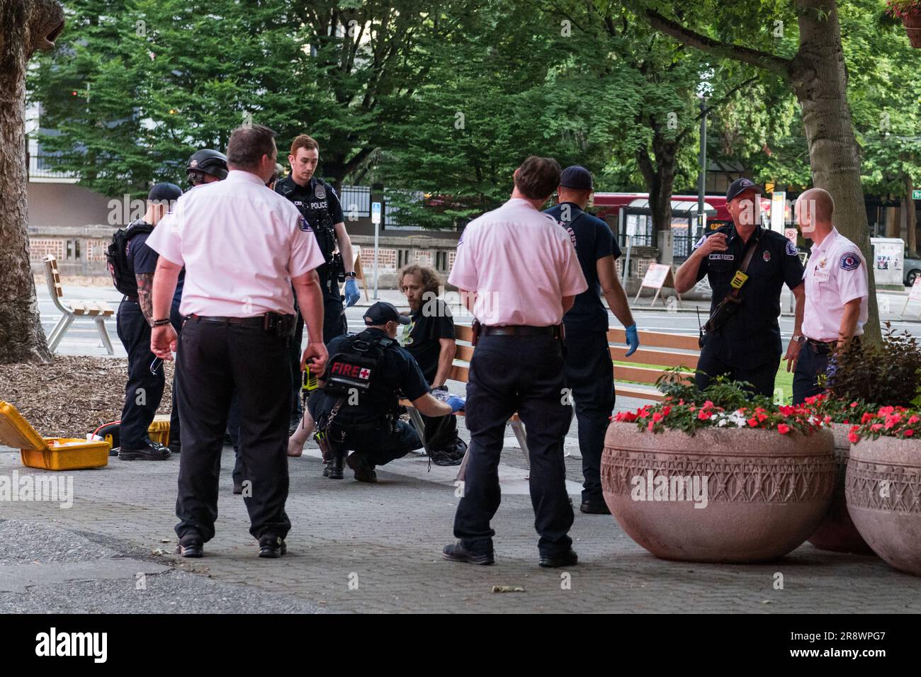 Seattle, USA. 22 Jun, 2023. Just after 8:00pm police were flagged down by a person at Jefferson and 4th who had been alleged shot nearby City Hall Park. Police and Fire treated the victim who was in stable condition. James Anderson/Alamy Live News Stock Photo