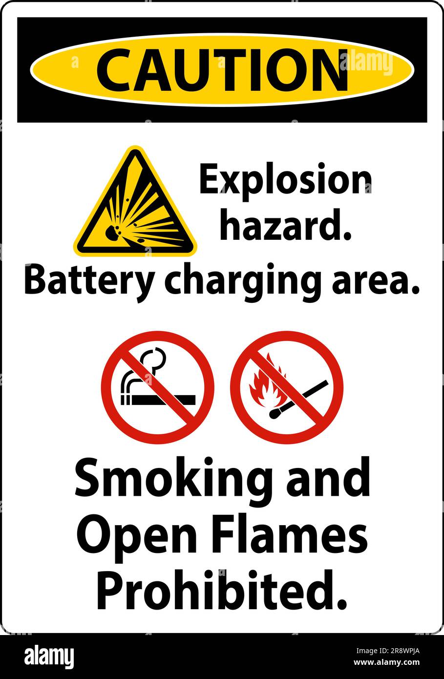 Caution Sign Explosion Hazard, Battery Charging Area, Smoking And Open Flames Prohibited Stock