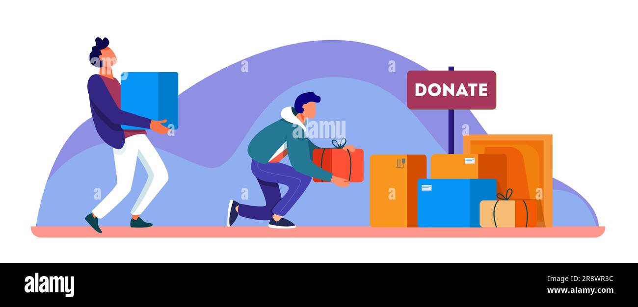 Volunteers donating stuff in boxes for poor people Stock Vector