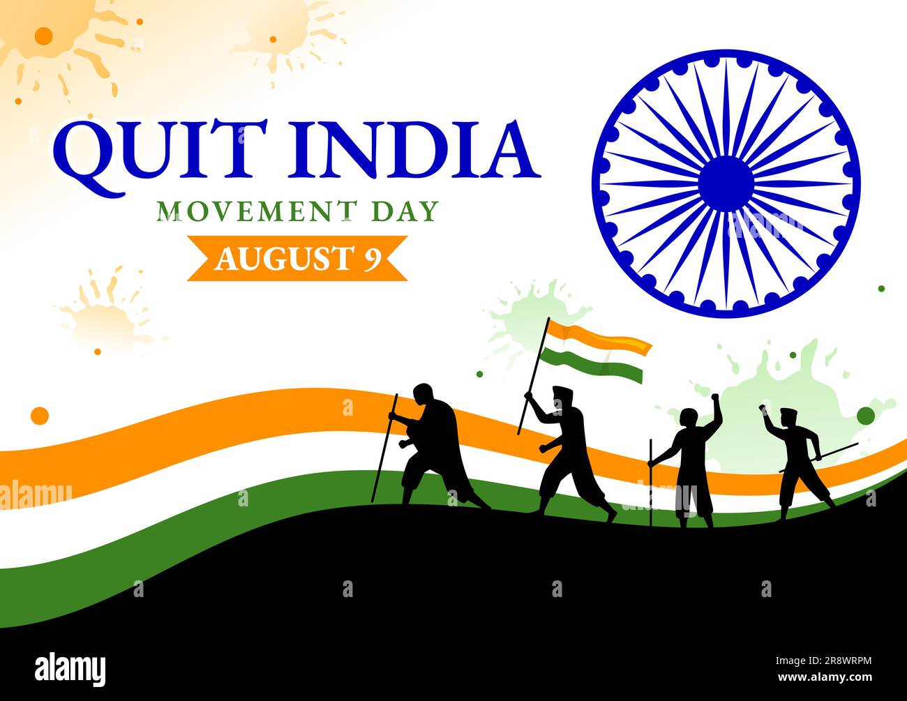 Quit India Movement Day Vector Illustration on 9 August with Indian Flag and People Silhouette in Flat Cartoon Hand Drawn Background Templates Stock Vector