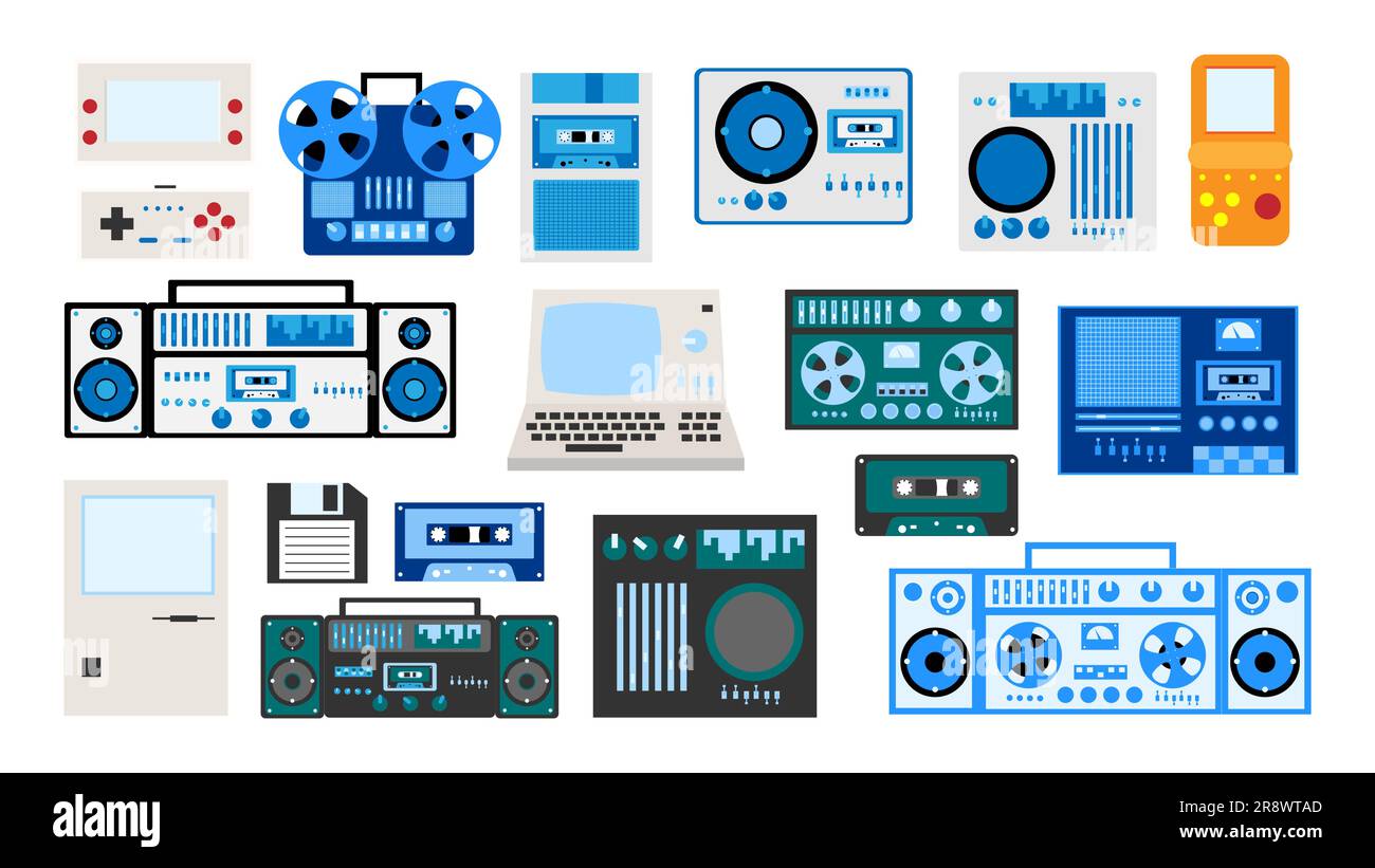 Set of old retro vintage hipster tech electronics cassette audio tape