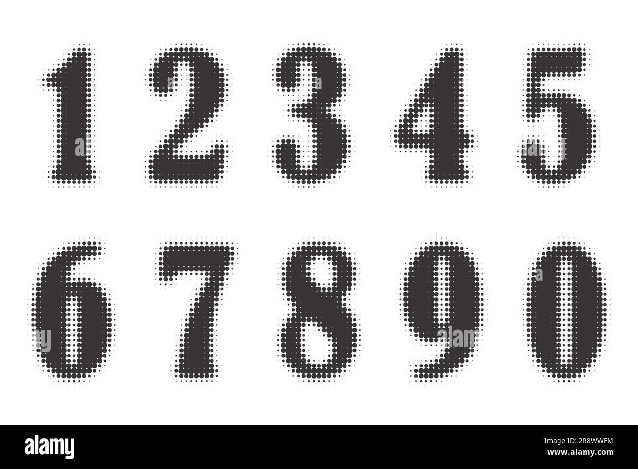 Halftone numbers. Grunge font with pixel pattern. Typography numerals set with abstract dotted effect. Vector pop art design elements. Stock Vector