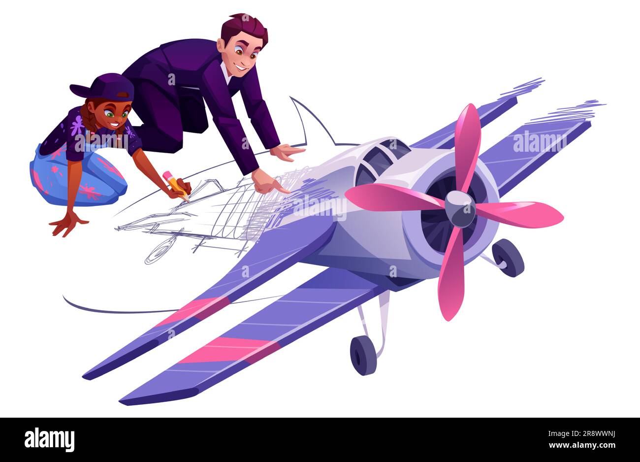 Artist girl and businessman drawing retro plane together, enjoying team work for business development. Designer working on illustration ordered by customer. Vector cartoon illustration on white Stock Vector