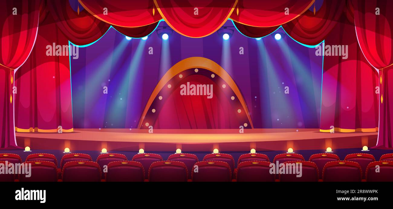 Theater Wooden Stage With Red Curtain And Spotlight Vector Festive Template  With Lights And Scene Poster Design For Concert Theater Party Dance Event  Show Illumination And Scenery Decoration Stock Illustration - Download