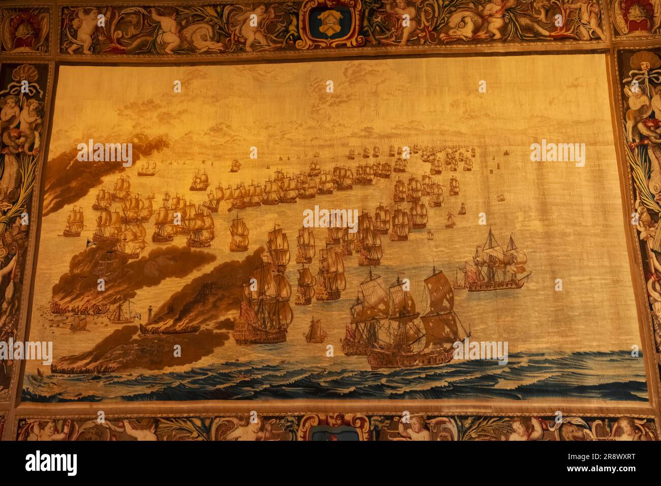 England, London, Greenwich, The Queen's House, Tapestry depicting The Burning of the Royal James at the Battle of Solebay 28 May 1672 during the Third Stock Photo