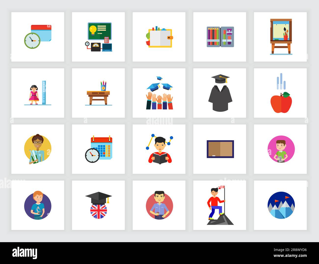 Education levels concept. Flat icon set Stock Vector