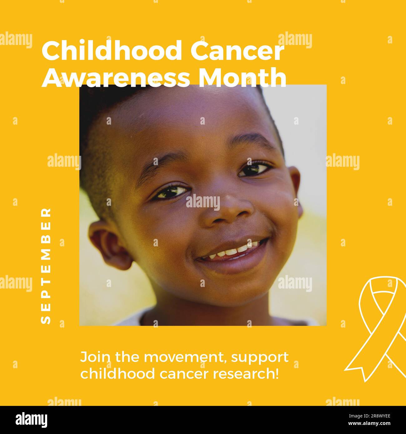 Childhood cancer awareness month text and ribbon, with smiling african american boy on yellow Stock Photo