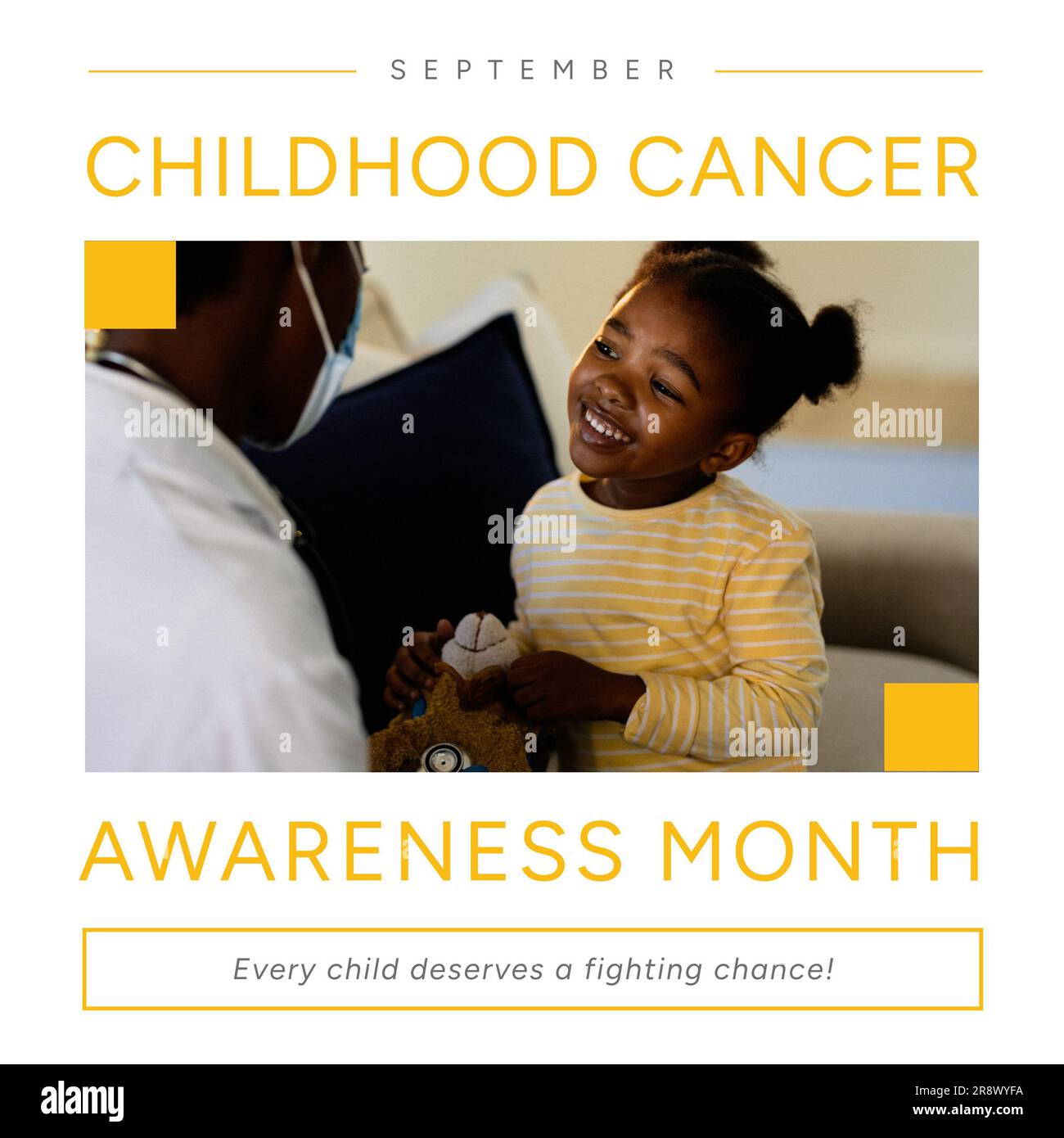 Childhood cancer awareness month text with smiling african american girl patient and male doctor Stock Photo