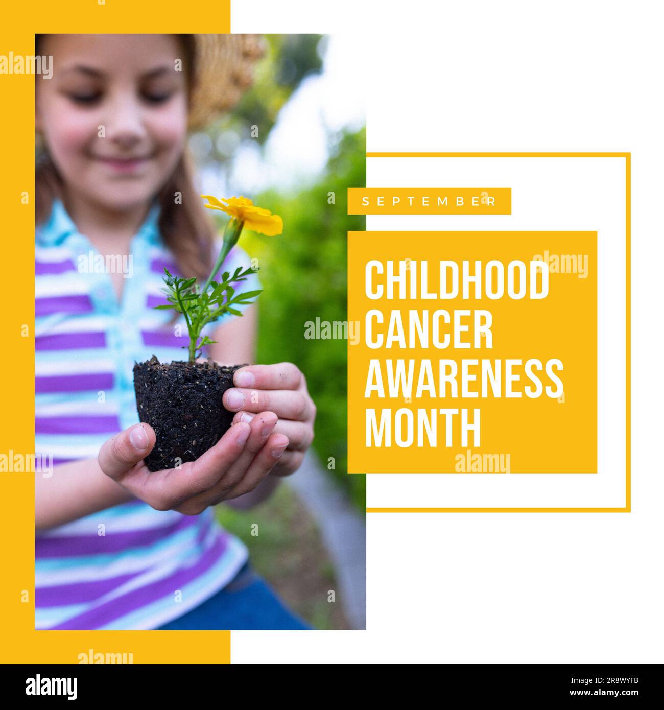 Childhood cancer awareness month text on yellow and happy caucasian girl holding yellow flower Stock Photo