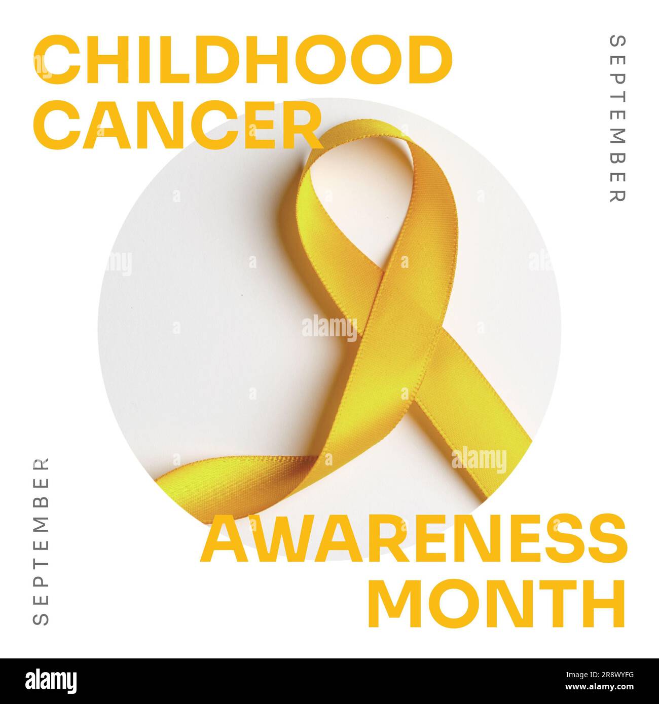 Childhood cancer awareness month text in yellow and yellow cancer ribbon on white background Stock Photo