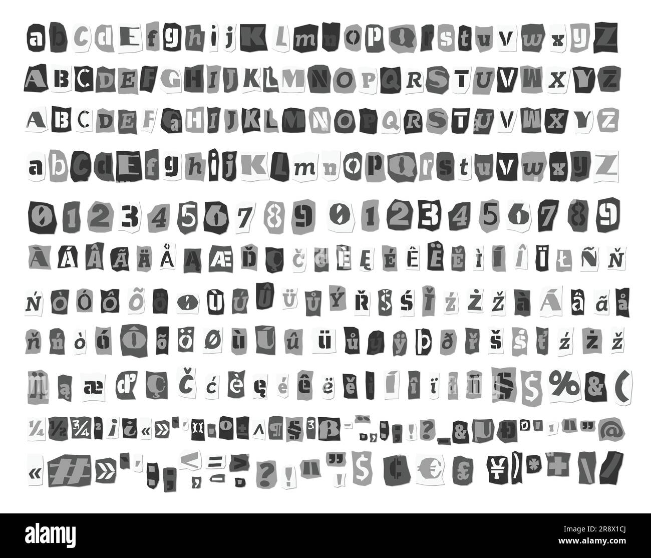Gray ransom collage style letters, numbers cut from newspapers and magazines. Vintage ABC collection. Black and white punk typeface Extended Latin Stock Vector