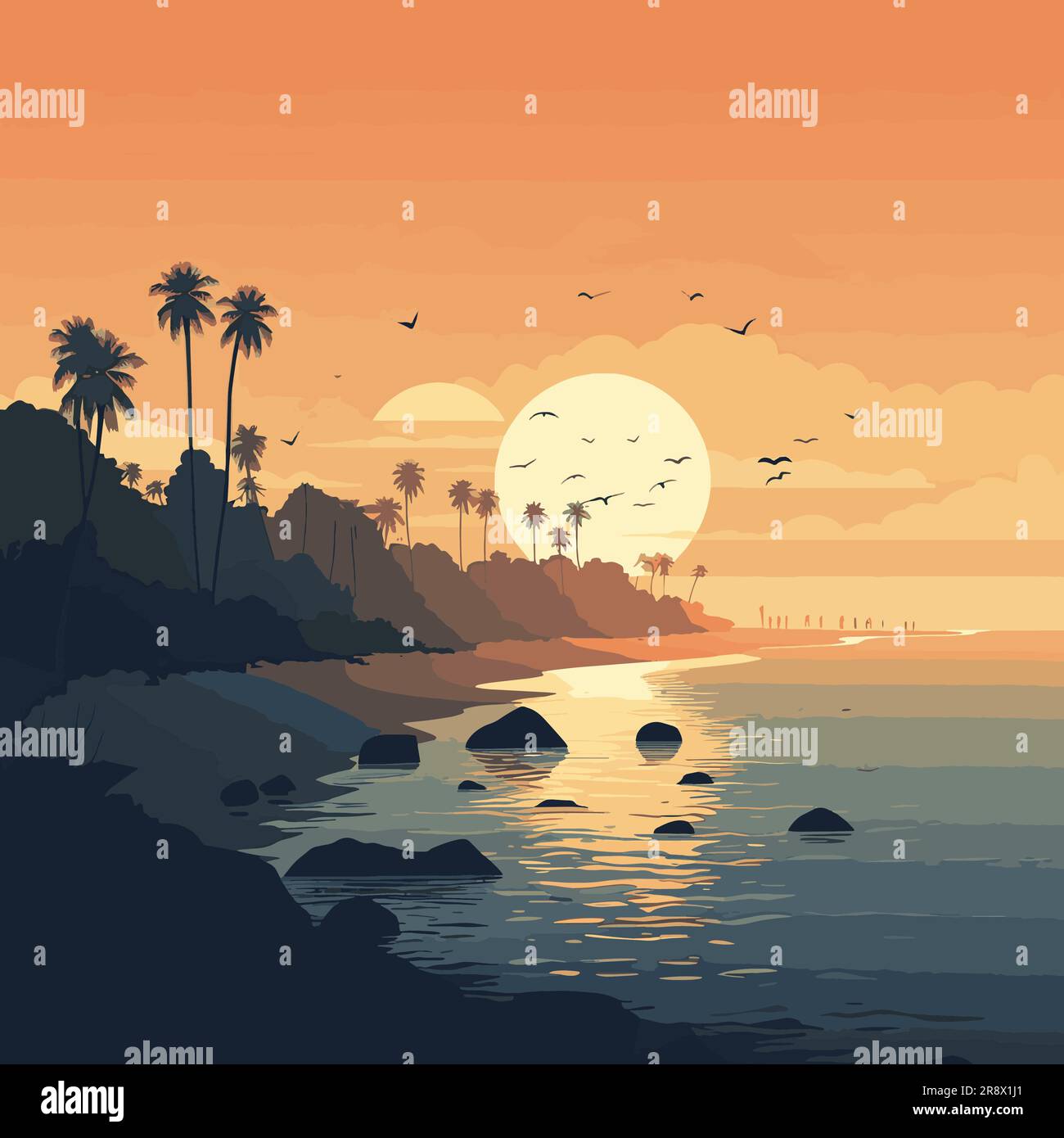 Vector illustration with a simple beautiful seascape with palms, beach and ocean in the background Stock Vector