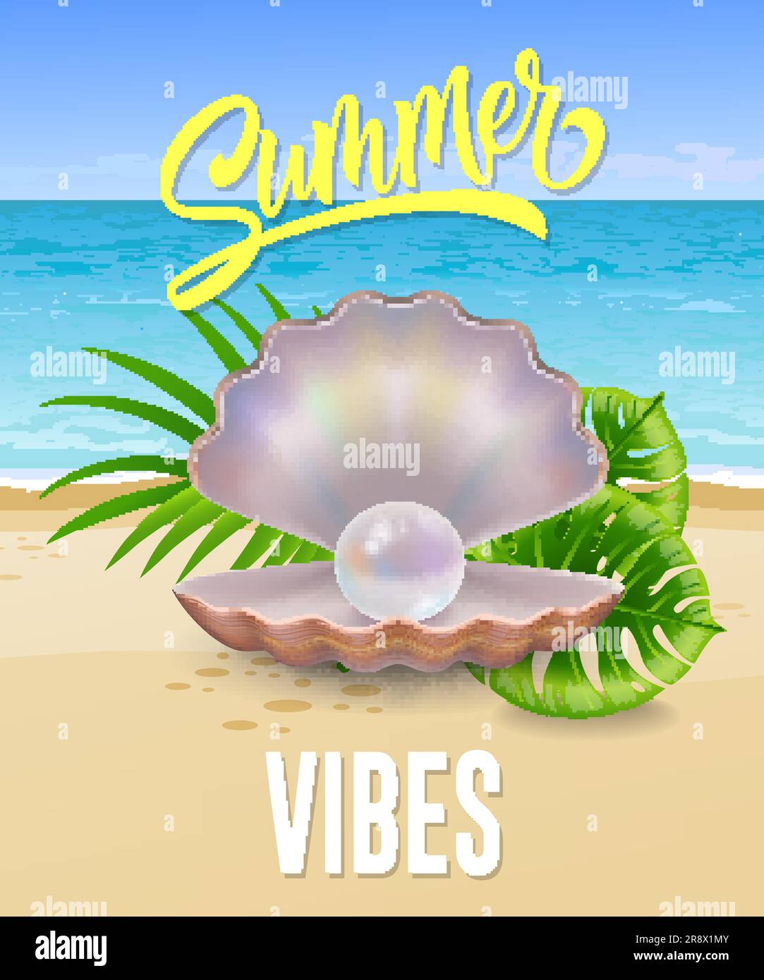 Summer vibes lettering with sea beach and pearl in shell Stock Vector ...